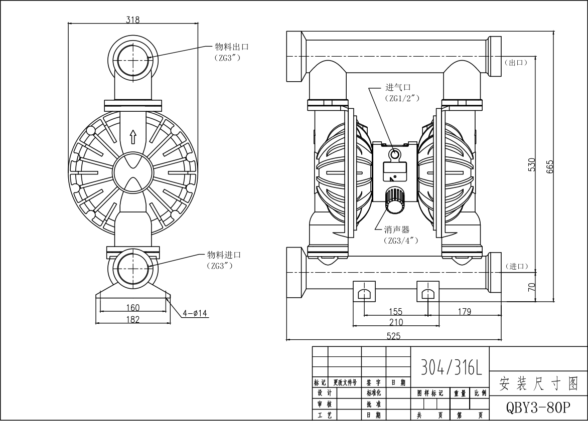 QBY3-100不锈钢304气动隔膜泵-尺寸
